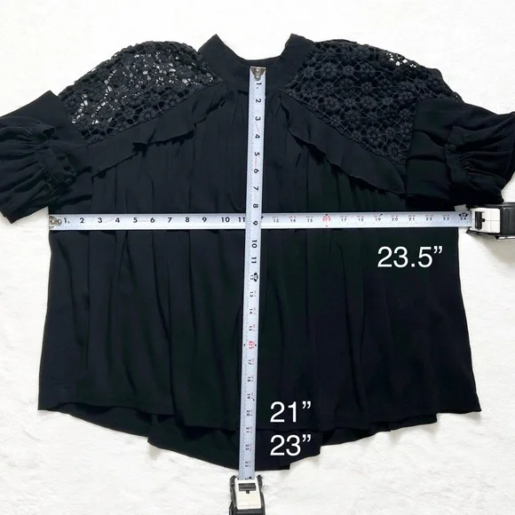 SOLD-Free People Ruffled Crochet Lace Black Draped Relaxed Long Sleeve Top - Picture 13 of 13